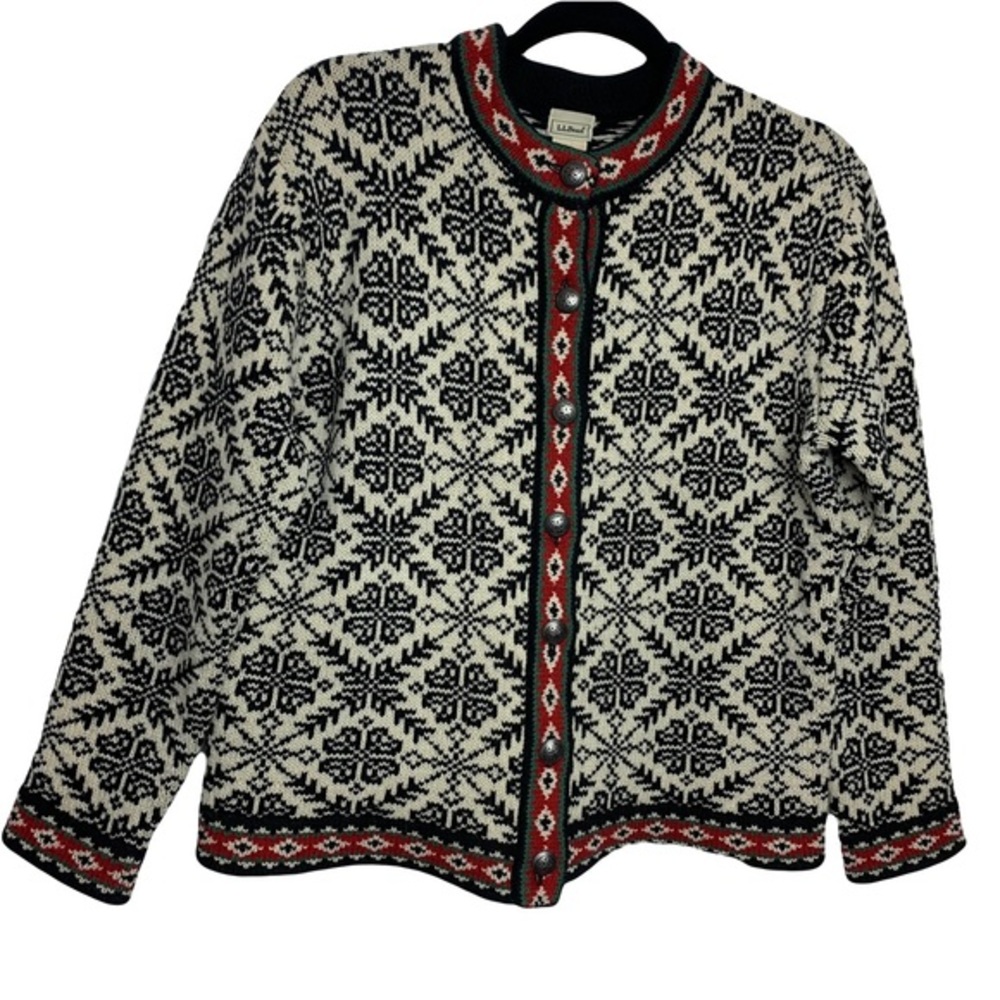 LL BEAN 100% merino wool knit Nordic fair isle sweater cardigan size small